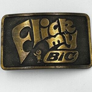 Vintage Flick My Bic Belt Buckle Brass Tone 1970s‎ Advertising Made in USA Retro